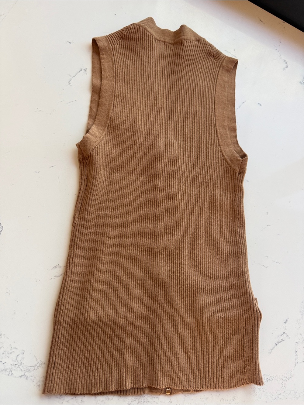 Prada Ribbed Knit Sleeveless Zip Vest Cardigan Brown Camel Leather Logo Plaque - Picture 14 of 16